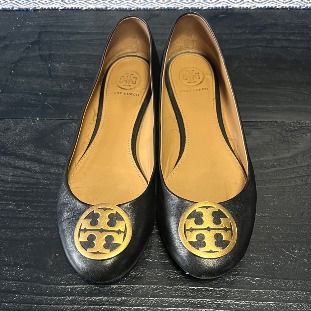 Tory Burch Black Flats with Gold Emblem